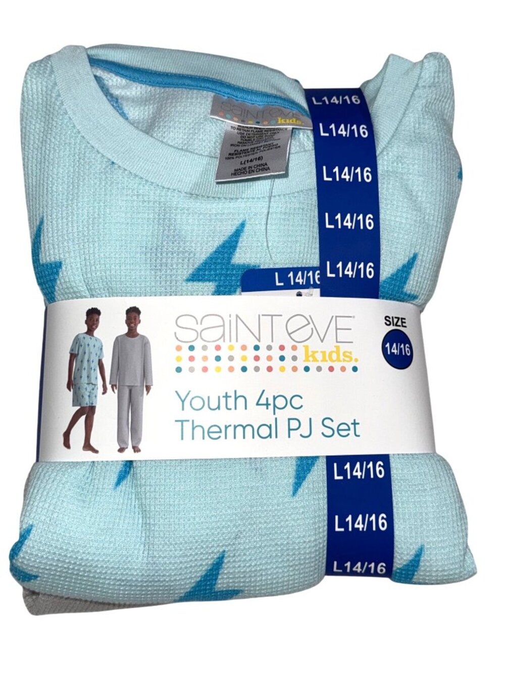 Saint Eve Kids Youth 4Pc Thermal Pajama Set L 14/16 Blue Lightning Print - Picture 4 of 4